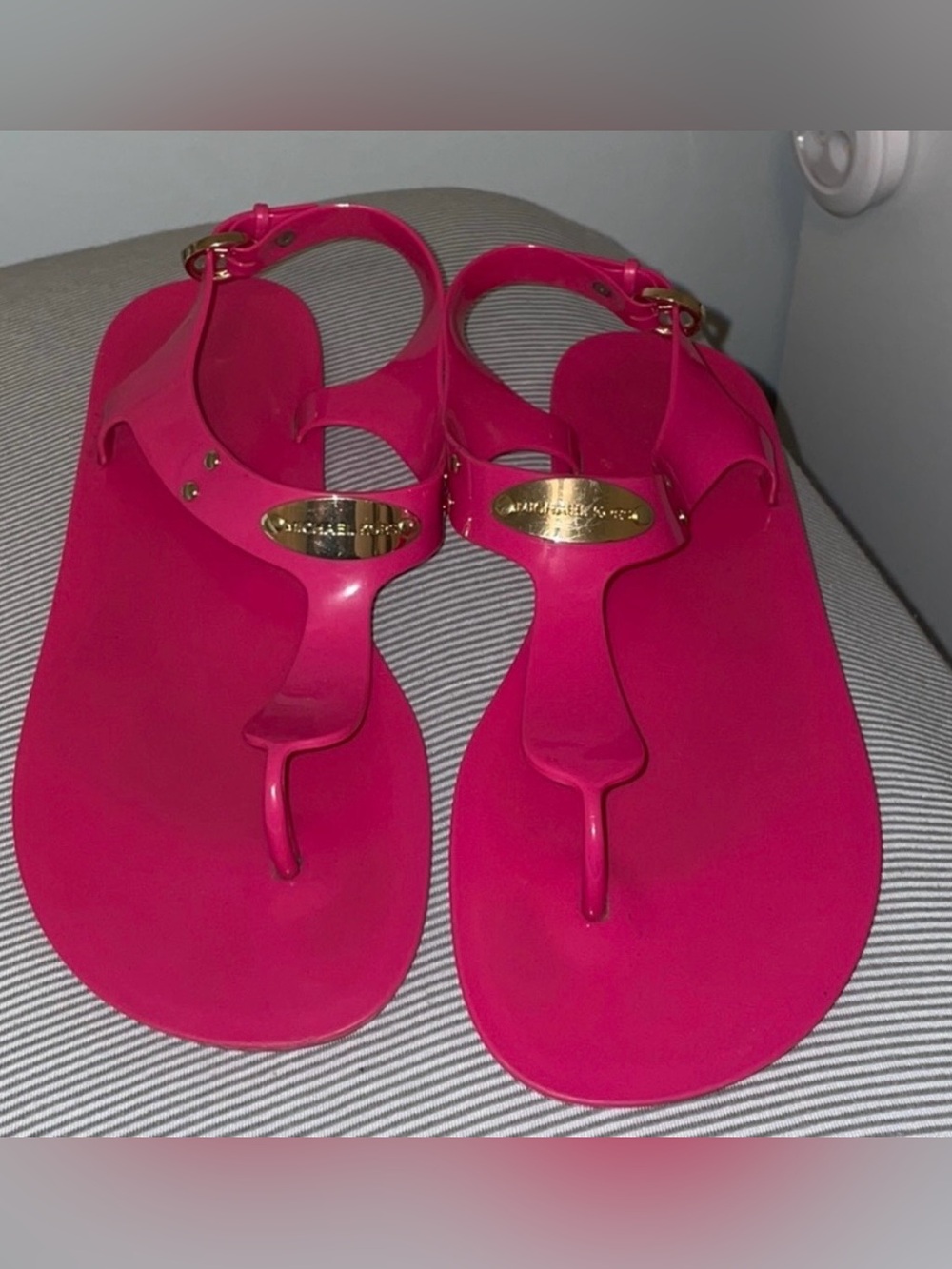 Michael Kors Hot Pink Jelly T-Strap Sandals with Gold Plaque